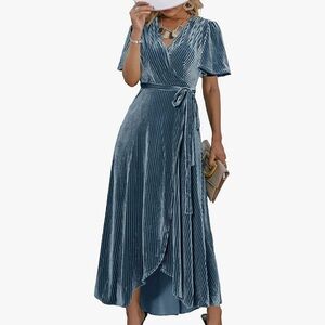 Elegant Blue Velvet Wrap Dress